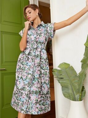 Button-Front Floral Midi Dress in Pink and Green